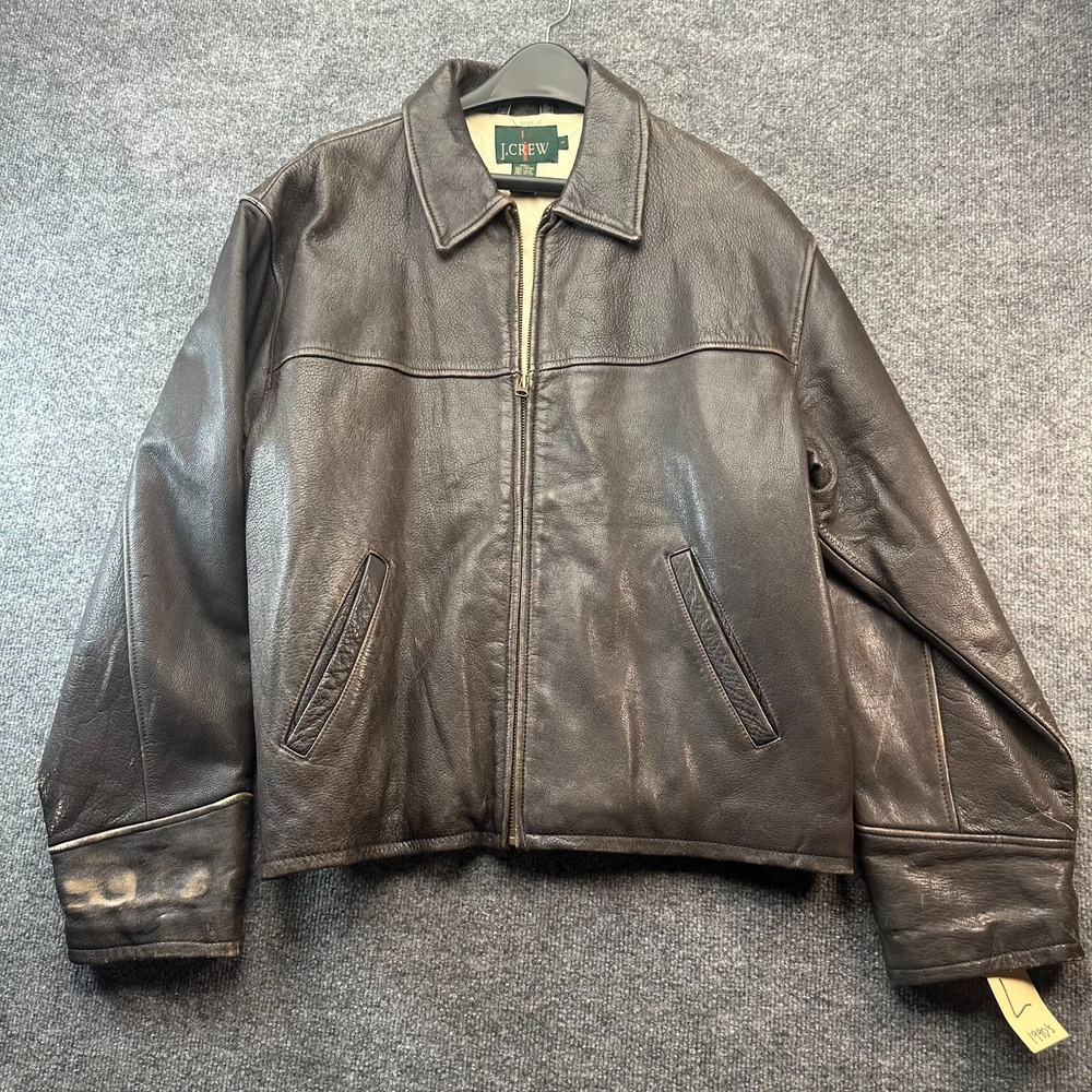J.Crew Leather Bomber Jacket Mens Large Brown Quilted Lined Long Sleeve Full Zip